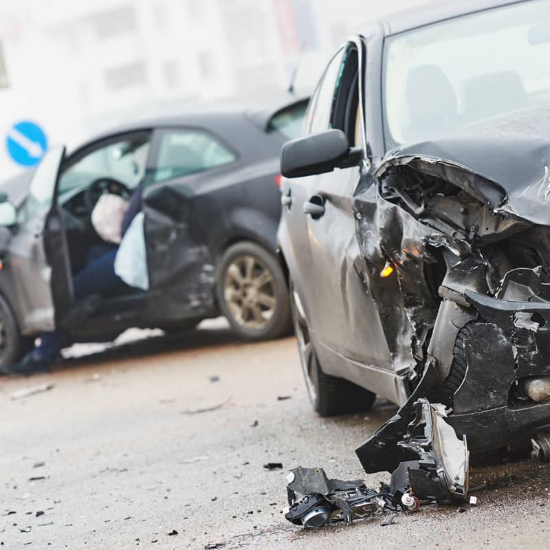 Scene of an accident between two cars.