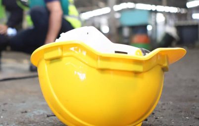 Shot of a construction worker's helmet on the floor following an accident.